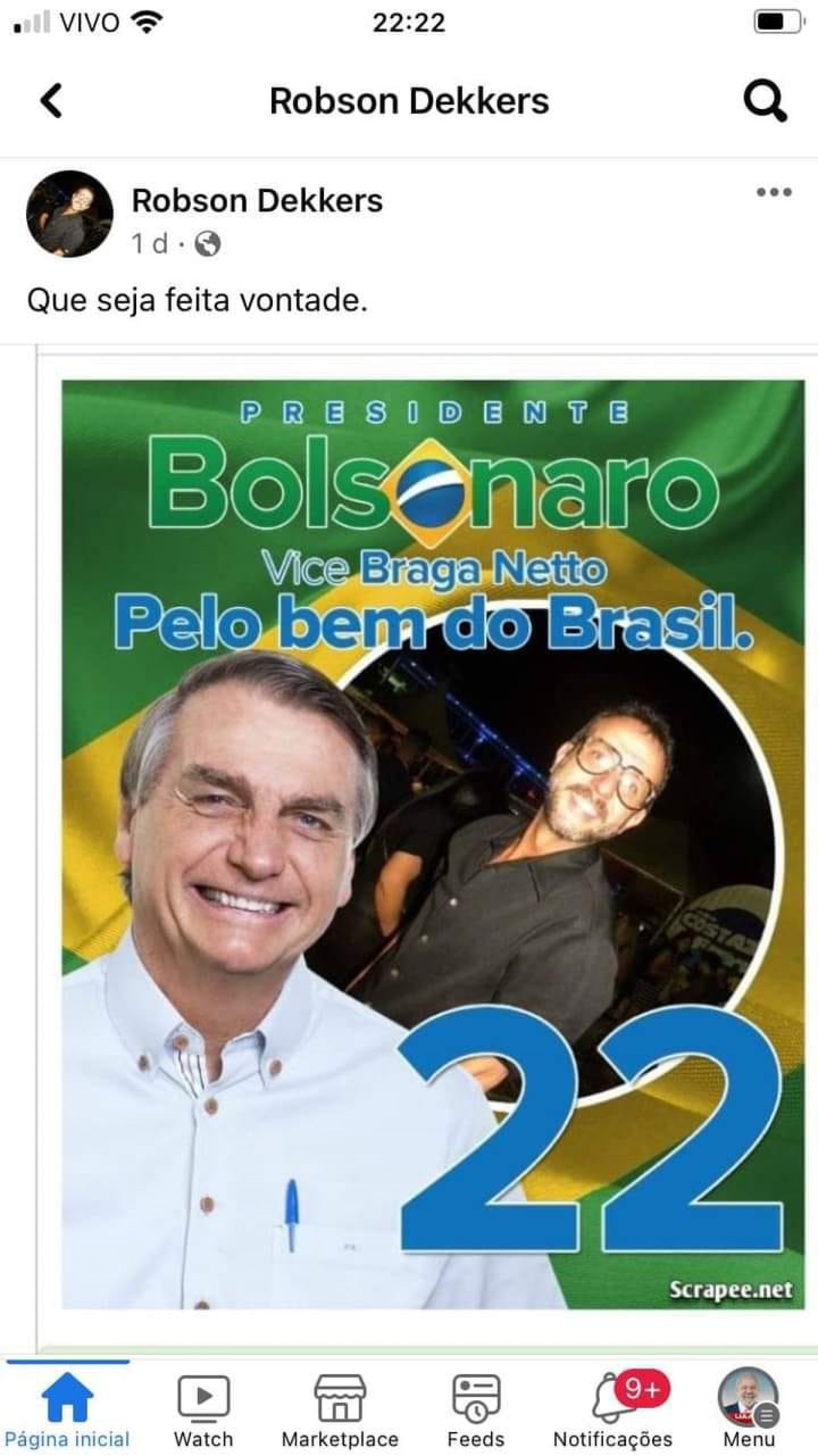 Robson Dekkers Alvino demonstrou apoio a Bolsonaro em suas redes sociais