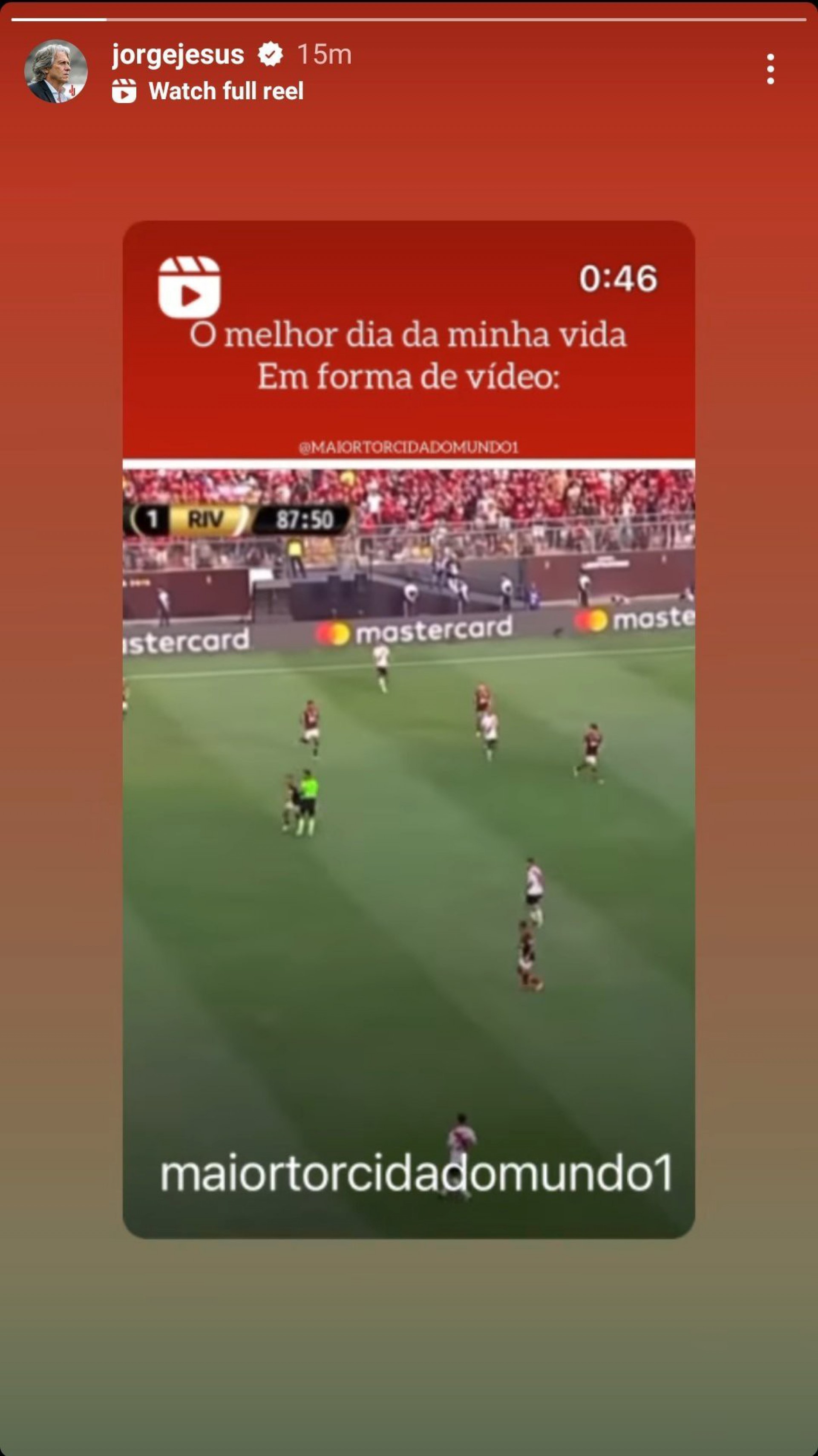 Jorge Jesus relembrou, em seu Instagram, a conquista da Libertadores de 2019  - Reprodução