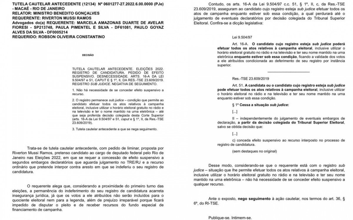 A&ccedil;&atilde;o Cautelar n.&ordm; 0601277-27.2022.6.00.0000, publicada em Bras&iacute;lia (DF), no dia 29 de setembro de 2022, pelo Ministro BENEDITO GON&Ccedil;ALVES - Relator