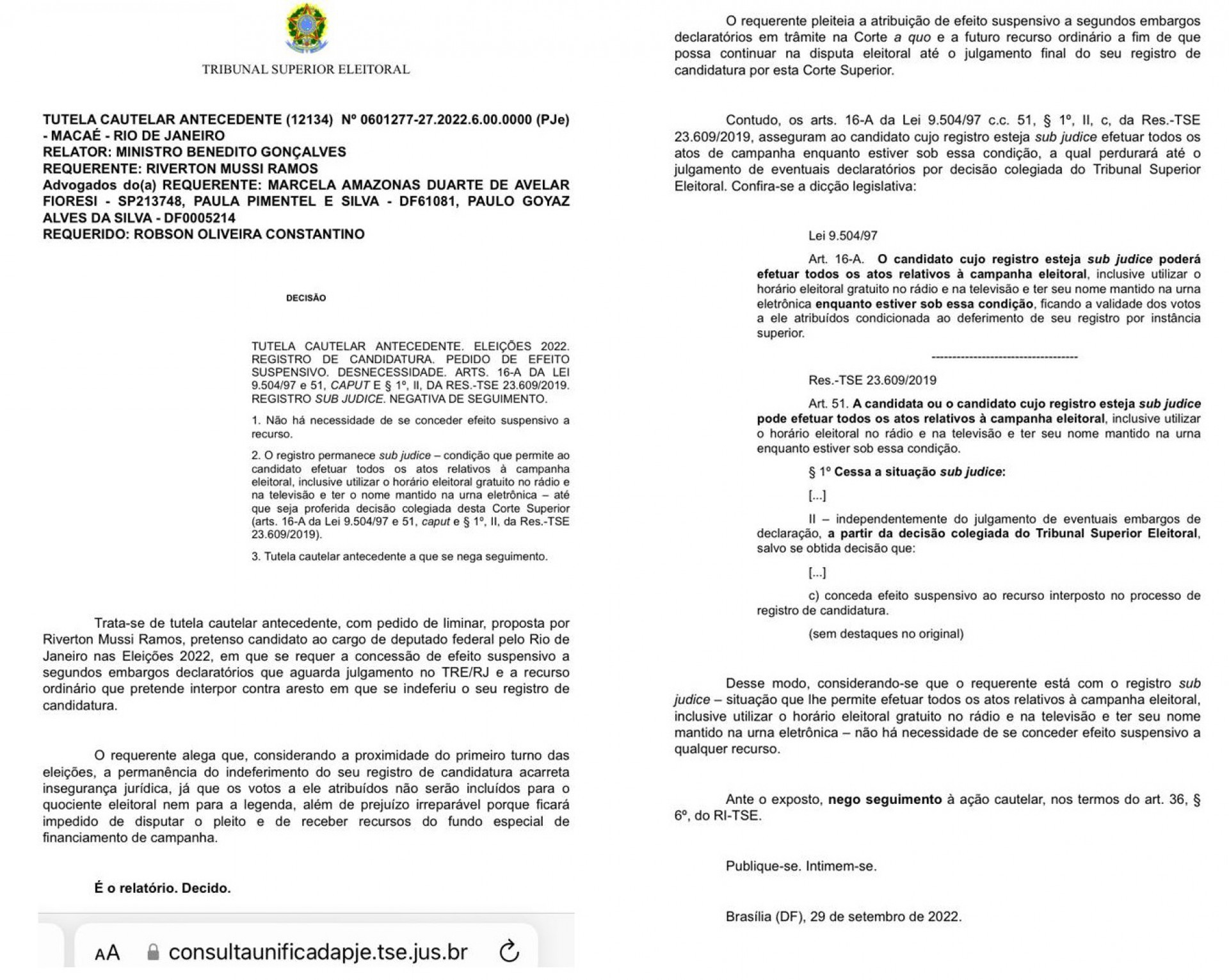 A&ccedil;&atilde;o Cautelar n.&ordm; 0601277-27.2022.6.00.0000, publicada em Bras&iacute;lia (DF), no dia 29 de setembro de 2022, pelo Ministro BENEDITO GON&Ccedil;ALVES - Relator - Divulga&ccedil;&atilde;o