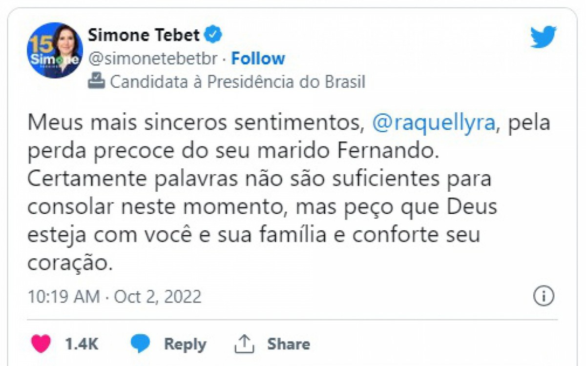 Simone Tebet (MDB) deixa mensagem para candidata ao governo de Pernambuco, Raquel Lyra, ap&oacute;s morte do marido neste domingo, 2.