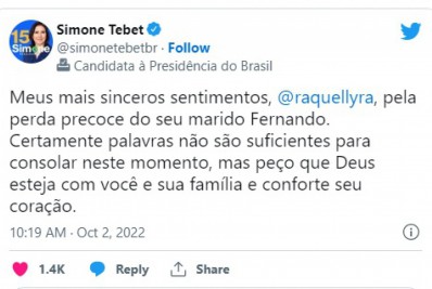 Simone Tebet (MDB) deixa mensagem para candidata ao governo de Pernambuco, Raquell Lyra, após morte do marido neste domingo, 2. - Divulgação / Redes Sociais