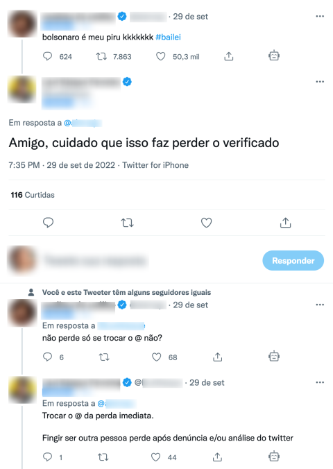 Alerta feito por outro perfil com selo de verifica&ccedil;&atilde;o sobre o risco de perda de conta devido &agrave; pr&aacute;tica   - Reprodu&ccedil;&atilde;o