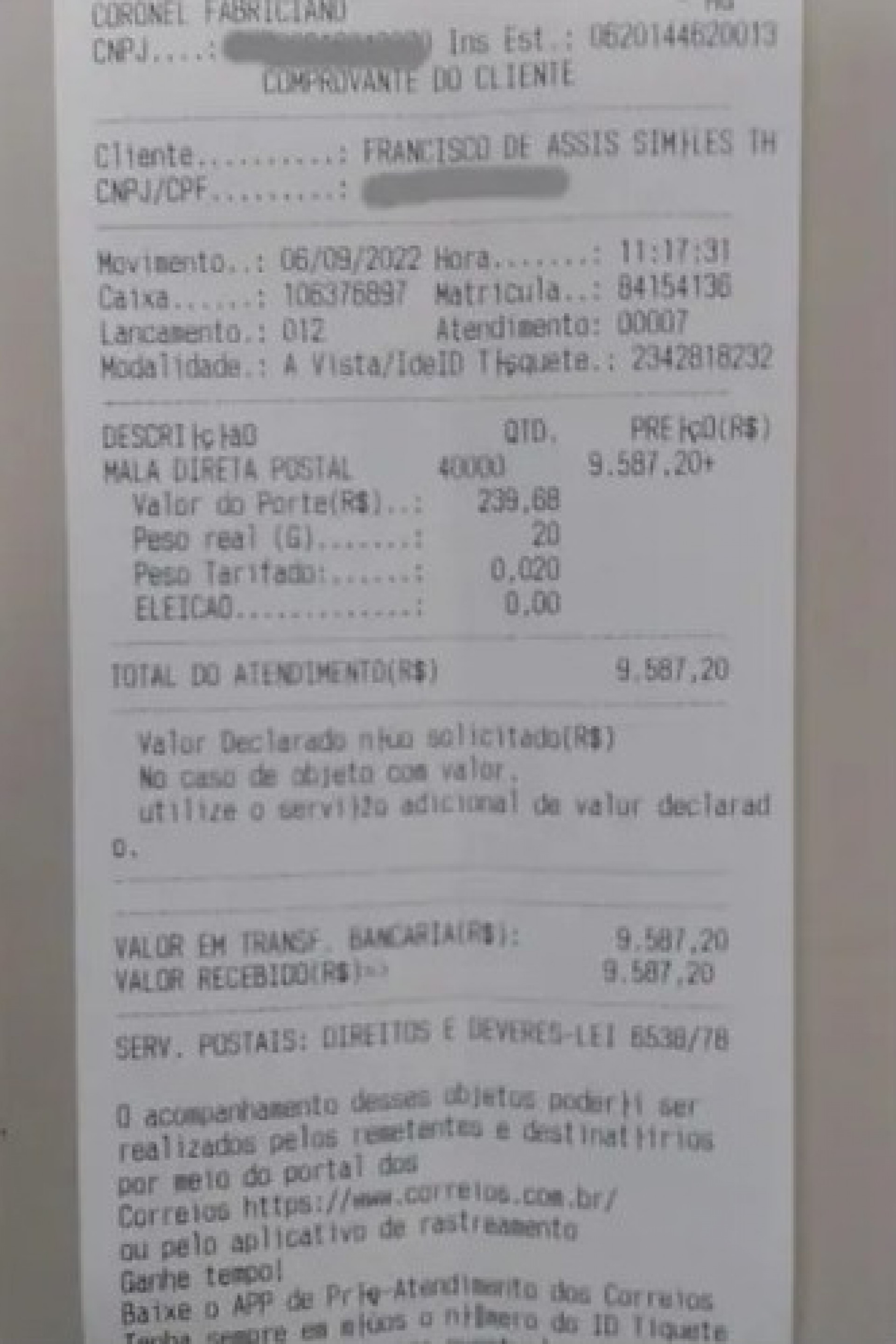 No dia 6 de setembro deste ano, Sim&otilde;es pagou a quantia de R$ 9.587,20 &agrave; Empresa Brasileira de Correios e Tel&eacute;grafos (ECT), ag&ecirc;ncia de Coronel Fabriciano - Reprodu&ccedil;&atilde;o