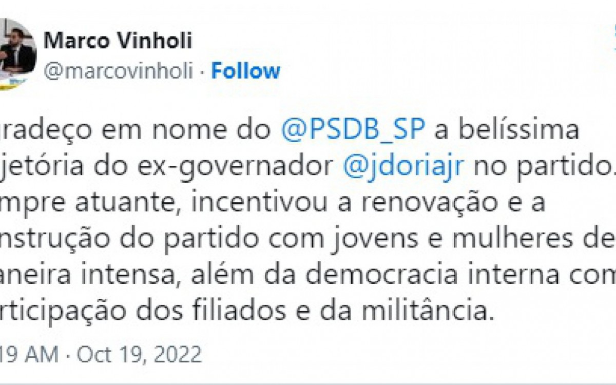 Marco Vinholi &eacute; deputado estadual e presidente do PSDB-SP