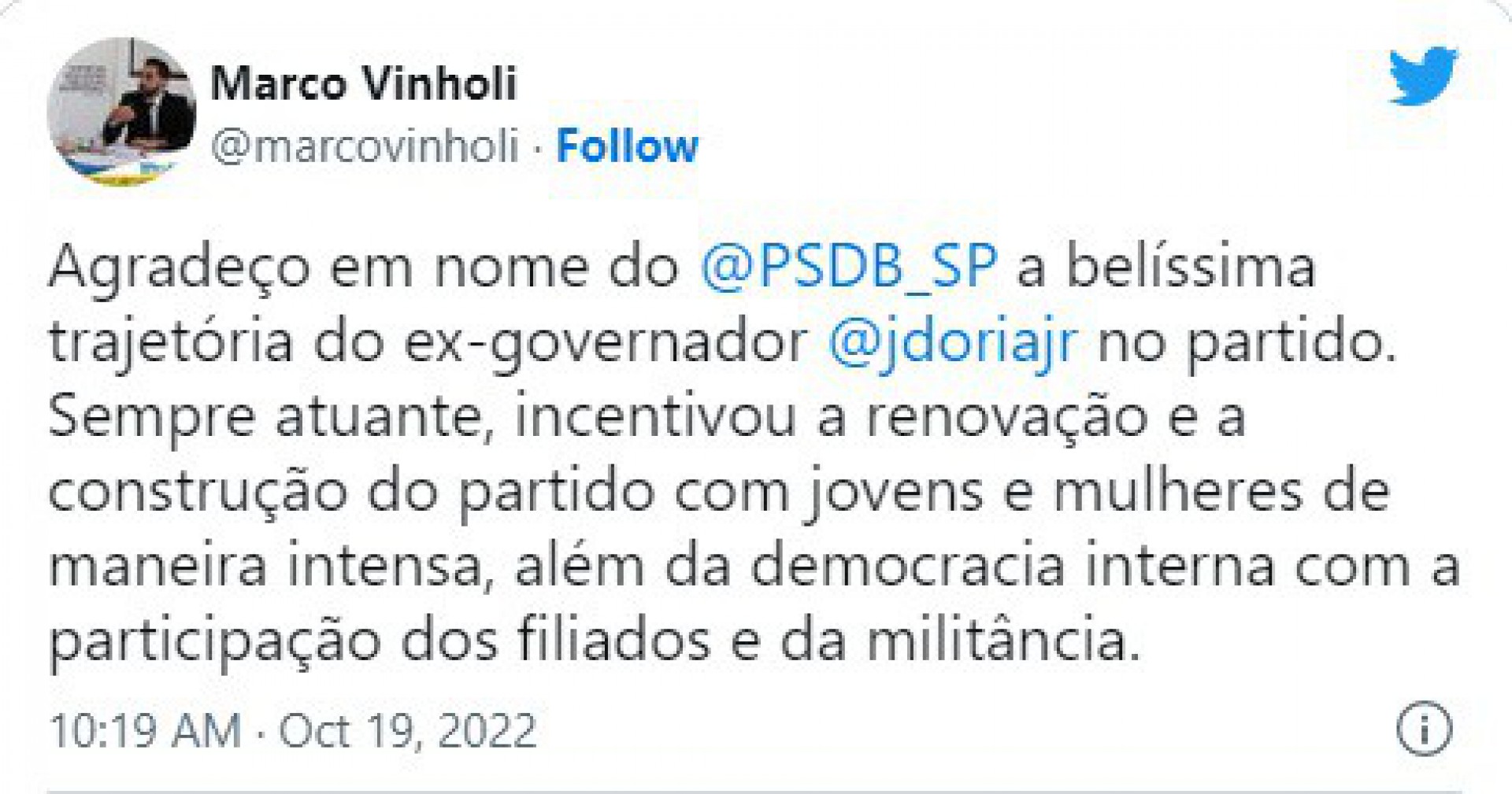 Marco Vinholi é deputado estadual e presidente do PSDB-SP - Reprodução / Rede Social