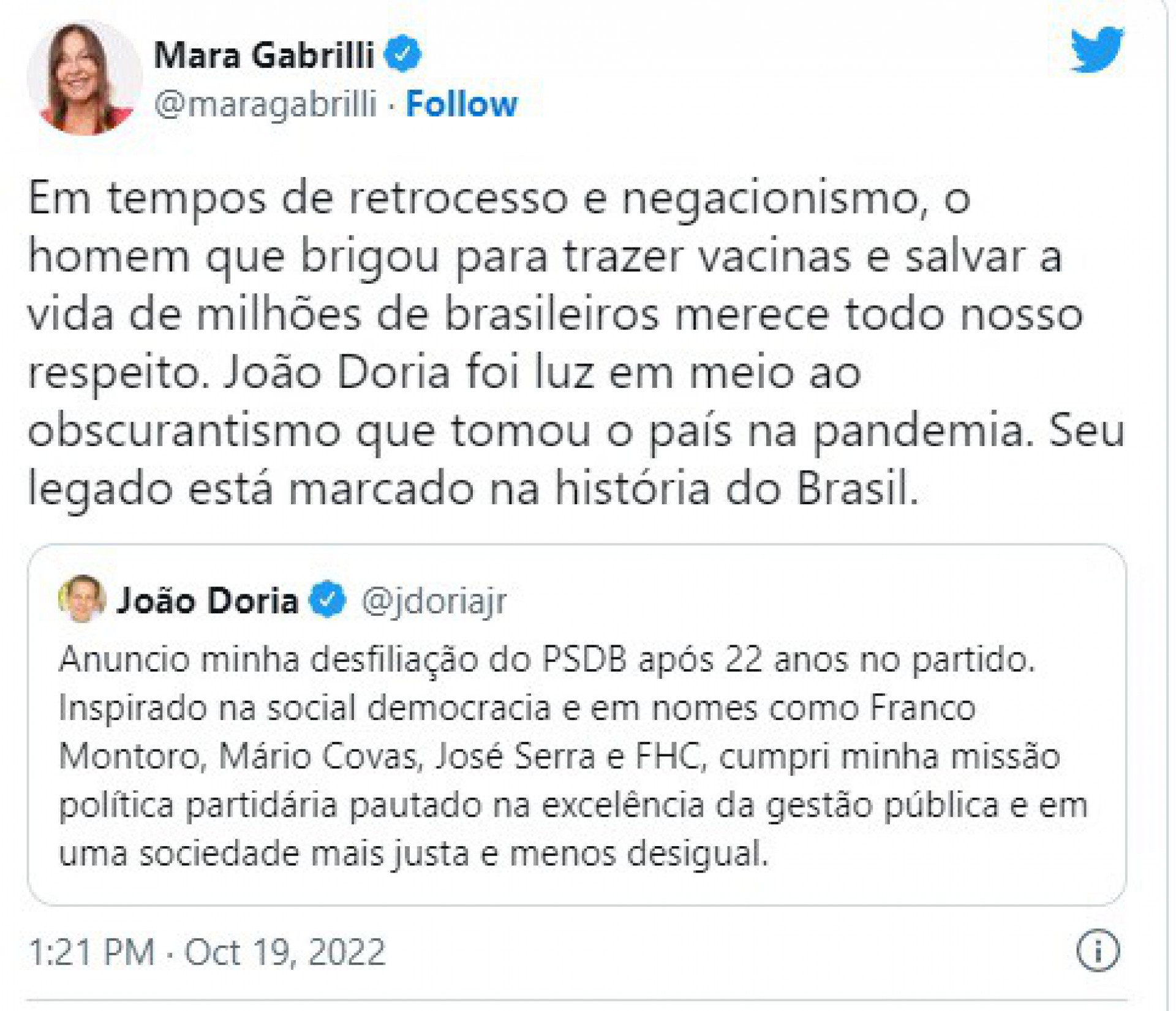 Mara Gabrilli, vice de Simone Tebet na disputa presidencial, lamentou a sa&iacute;da de Jo&atilde;o Doria do PSDB - Reprodu&ccedil;&atilde;o / Redes Sociais