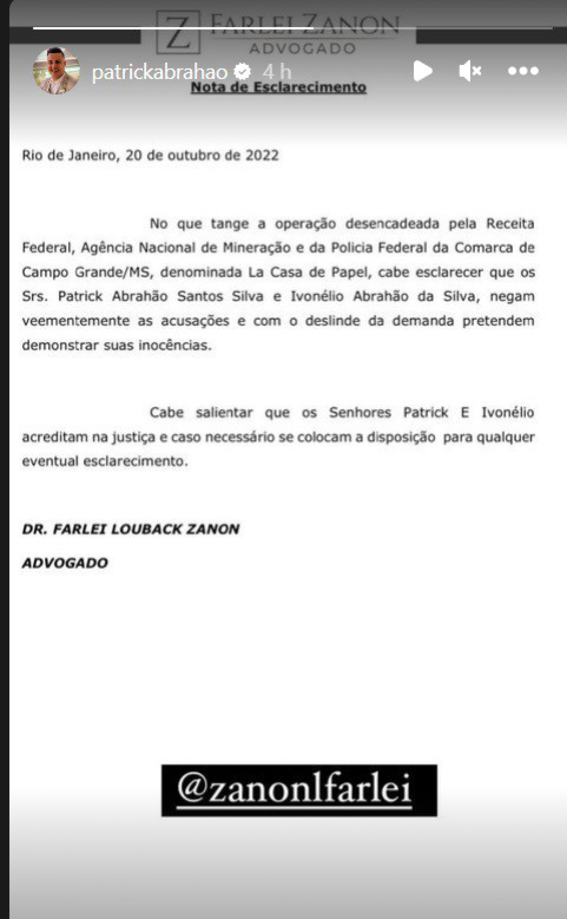 O advogado do empres&aacute;rio Patrick Abrah&atilde;o divulgou nota nas redes sociais do empres&aacute;rio