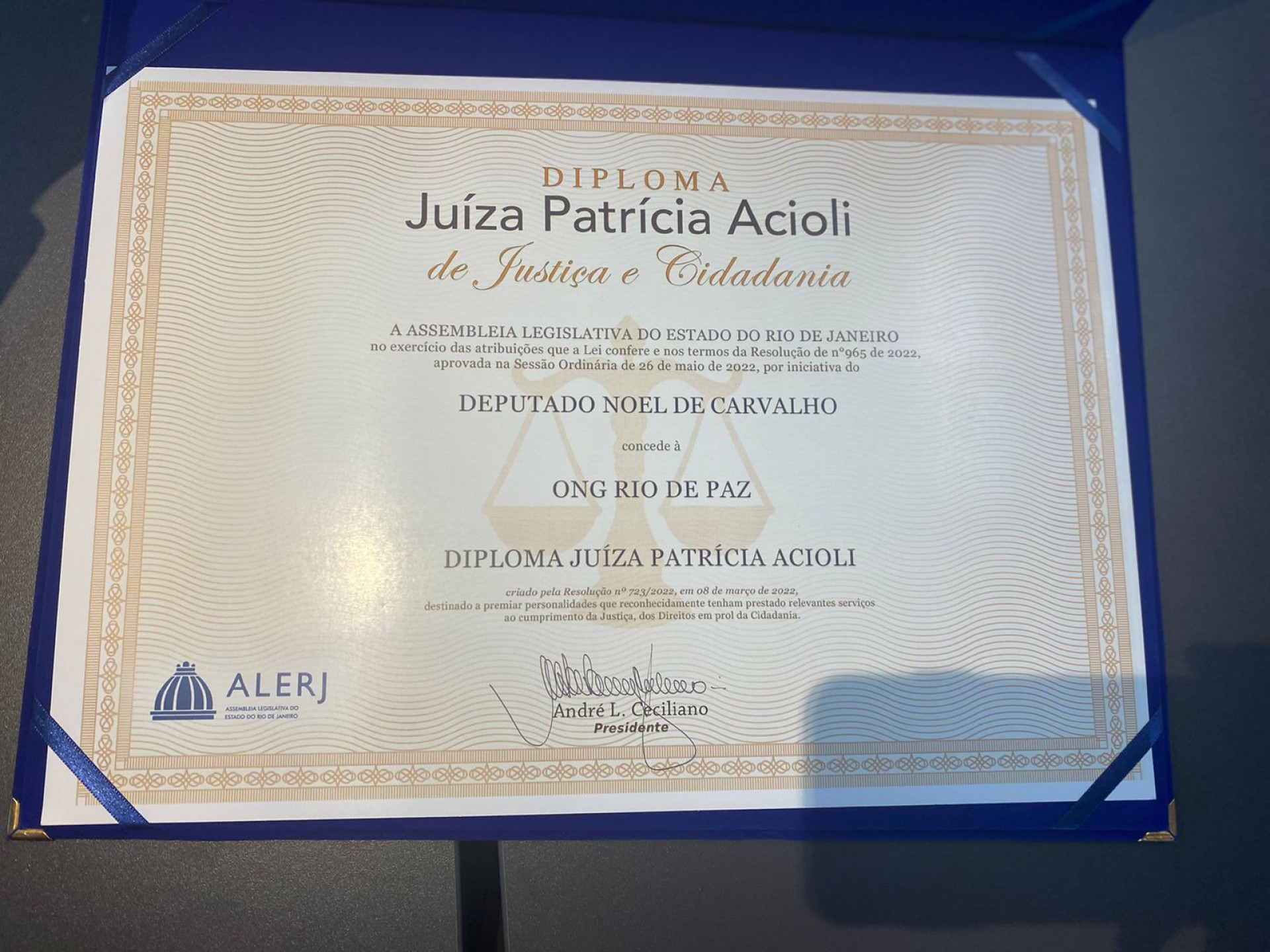 Diploma Juíza Patrícia Acioli de Justiça e Cidadania, concedido à ONG Rio de Paz - Reprodução/Redes sociais