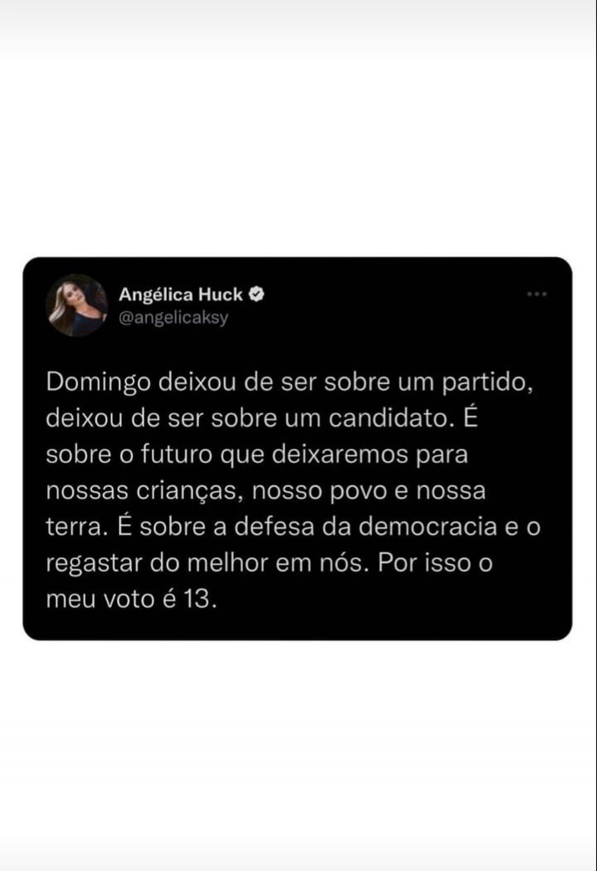 Angélica declarou voto em Lula  - Reprodução/Instagram