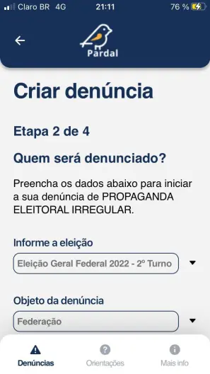 Menu do Pardal na etapa do processo de protocolar queixa na qual o usu&aacute;rio nomeia o partido, coliga&ccedil;&atilde;o, candidato ou federa&ccedil;&atilde;o denunciado - Reprodu&ccedil;&atilde;o