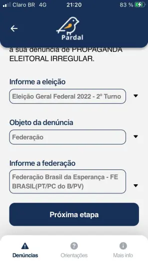 Menu do Pardal com den&uacute;ncia contra a Federa&ccedil;&atilde;o Brasil da Esperan&ccedil;a, que representa o PT e os outros dois partidos que a integram, o PC do B e o PV - Reprodu&ccedil;&atilde;o
