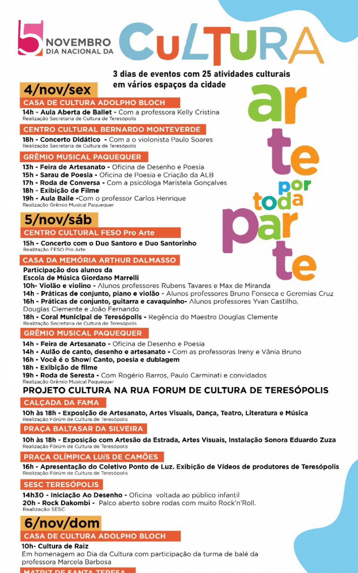 ‘Arte por Toda a Parte’: Teresópolis celebra Dia da Cultura com 25 atividades culturais - Divulgação