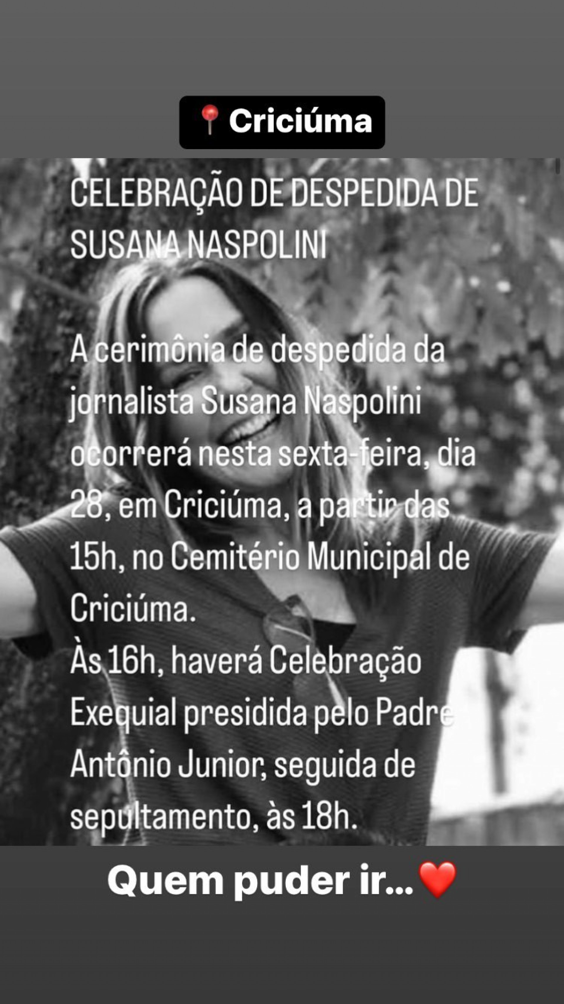 Corpo de Susana Naspolini será enterrado em Criciúma, sua cidade natal, em Santa Catarina - Reprodução/Instagram