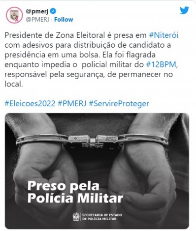 PMERJ divulga no Twitter prisão de presidente de seção eleitoral em Niterói - Reprodução / Rede Social