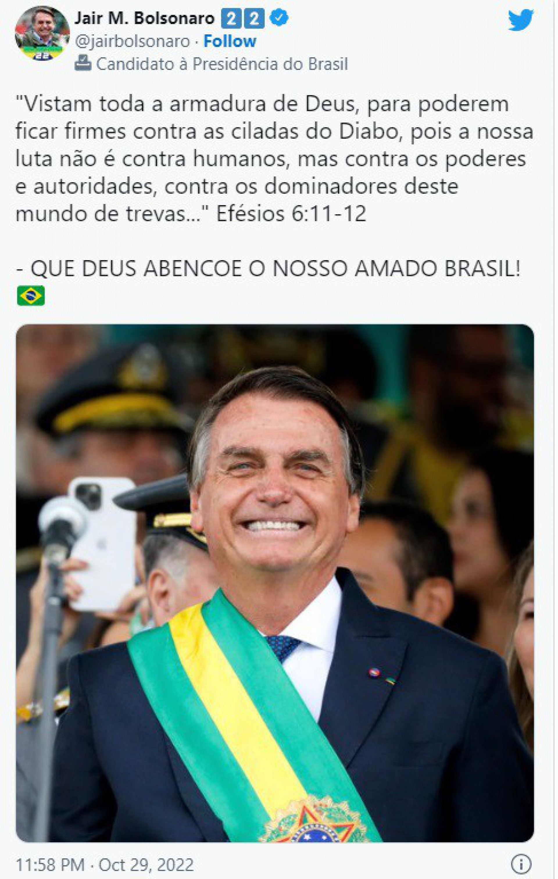 &Uacute;ltima postagem de Bolsonaro no Twitter foi feita no s&aacute;bado (29)
