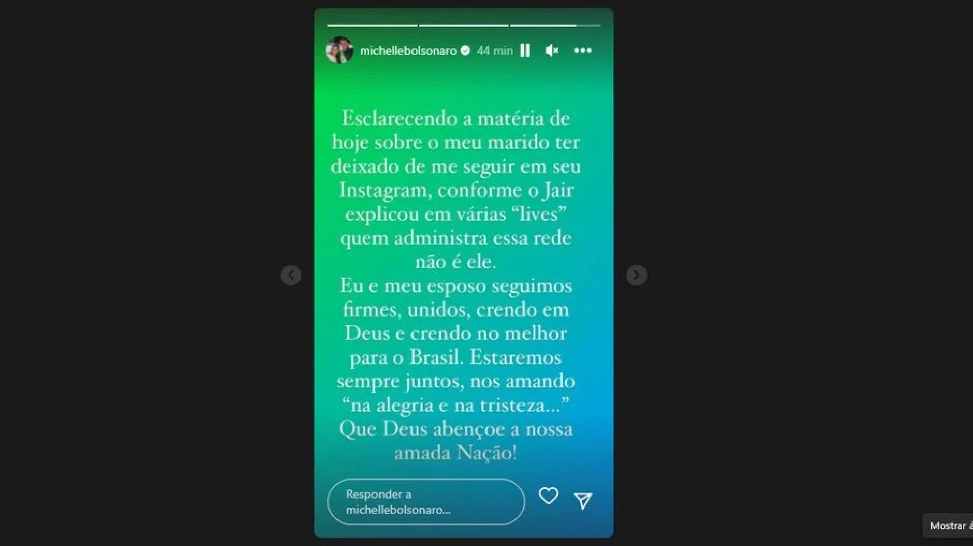 Michelle Bolsonaro faz postagem após derrota de Bolsonaro nas eleições
 - Reprodução/IG