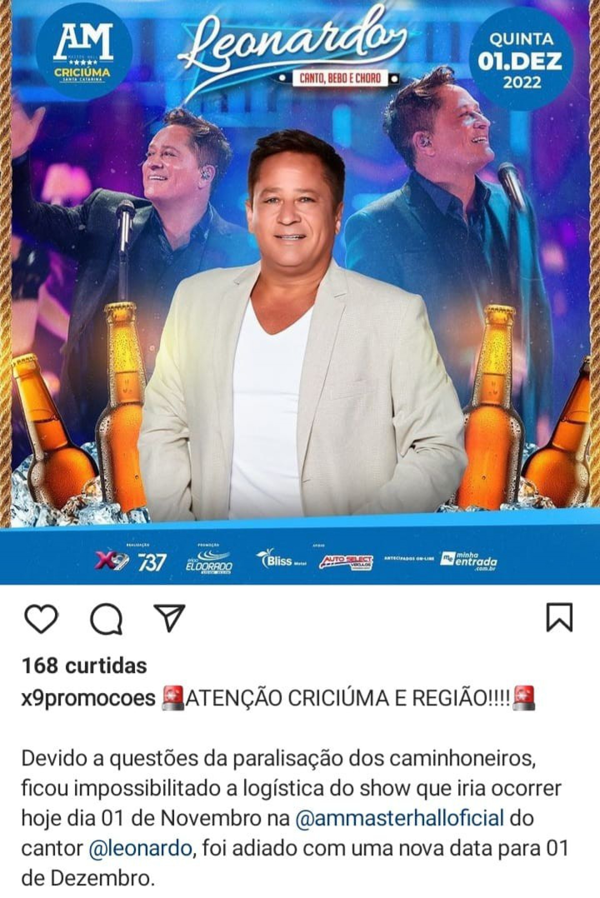 Leonardo teve show adiado após bloqueio de vias organizado por caminhoneiros bolsonaristas  - Reprodução/Instagram