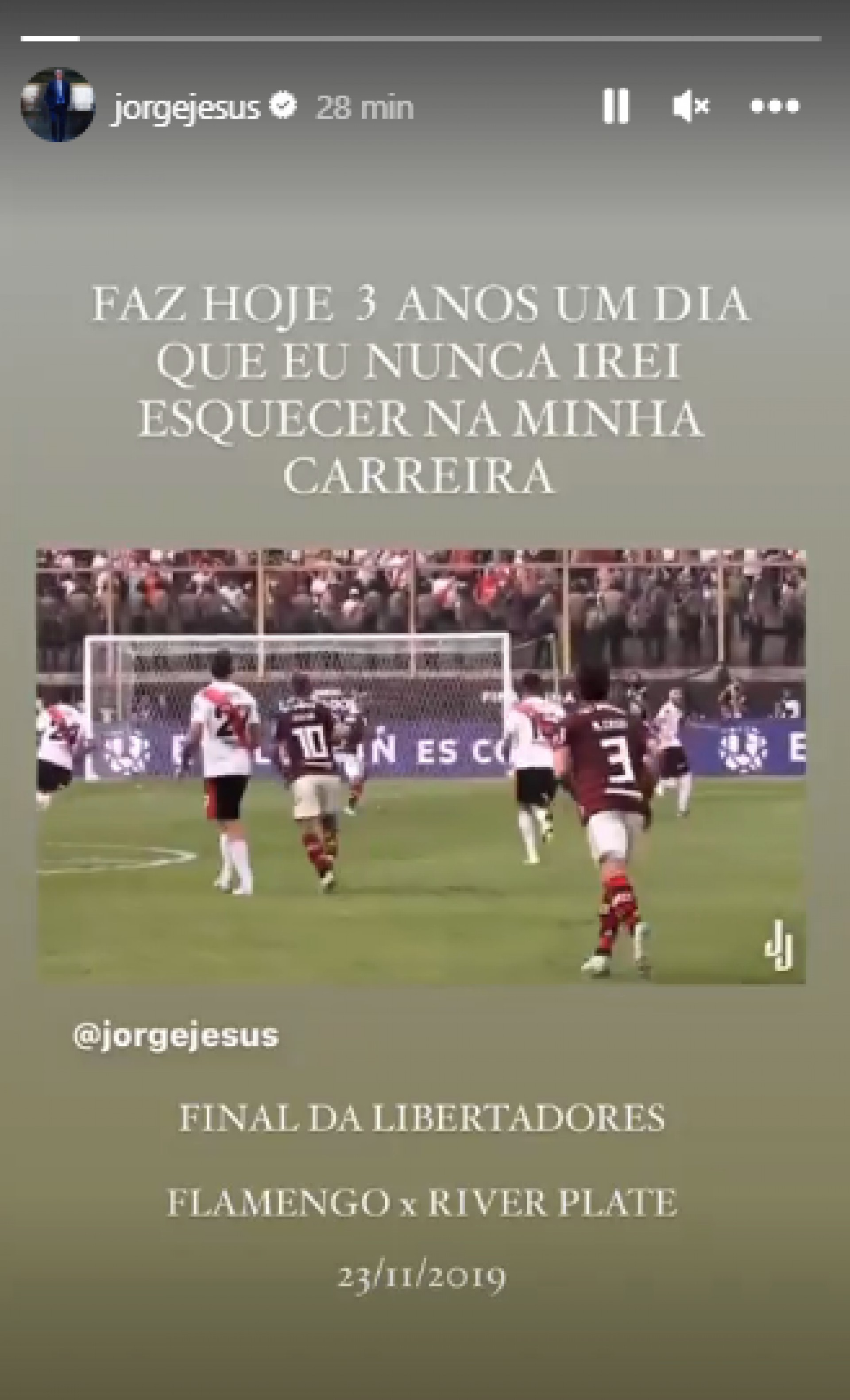 Jorge Jesus publicou o vídeo do segundo gol do Gabigol contra o River Plate, em 2019 - Reprodução/Instagram @JorgeJesus