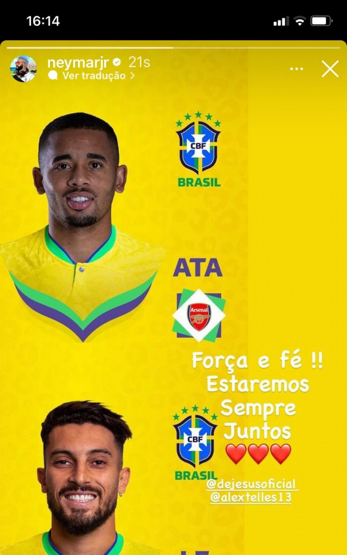 Neymar manda apoio a Alex Telles e Gabriel Jesus