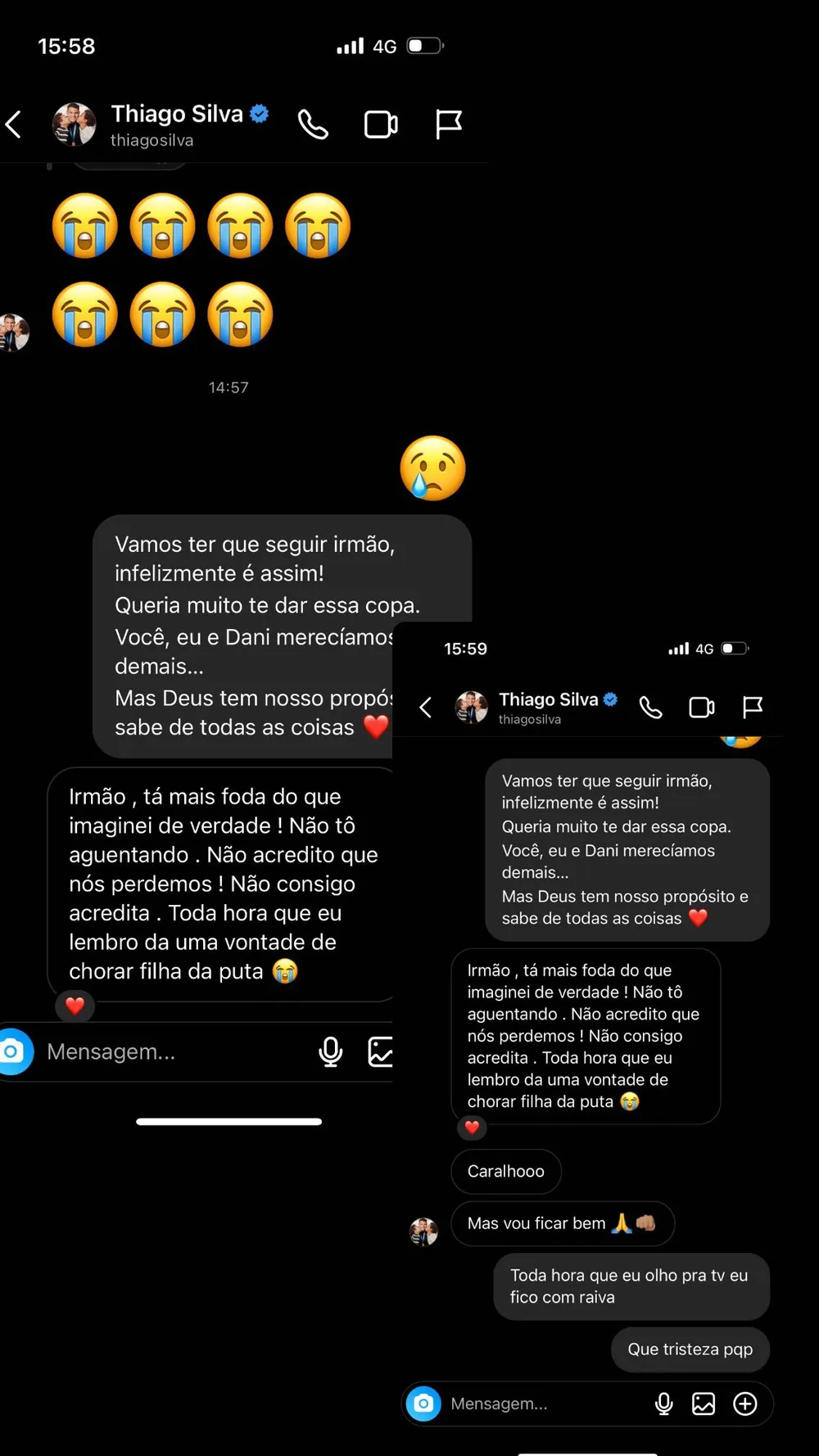 Neymar exp&otilde;e conversa com Thiago Silva ap&oacute;s a elimina&ccedil;&atilde;o para a Cro&aacute;cia - Reprodu&ccedil;&atilde;o/Instagram @NeymarJR