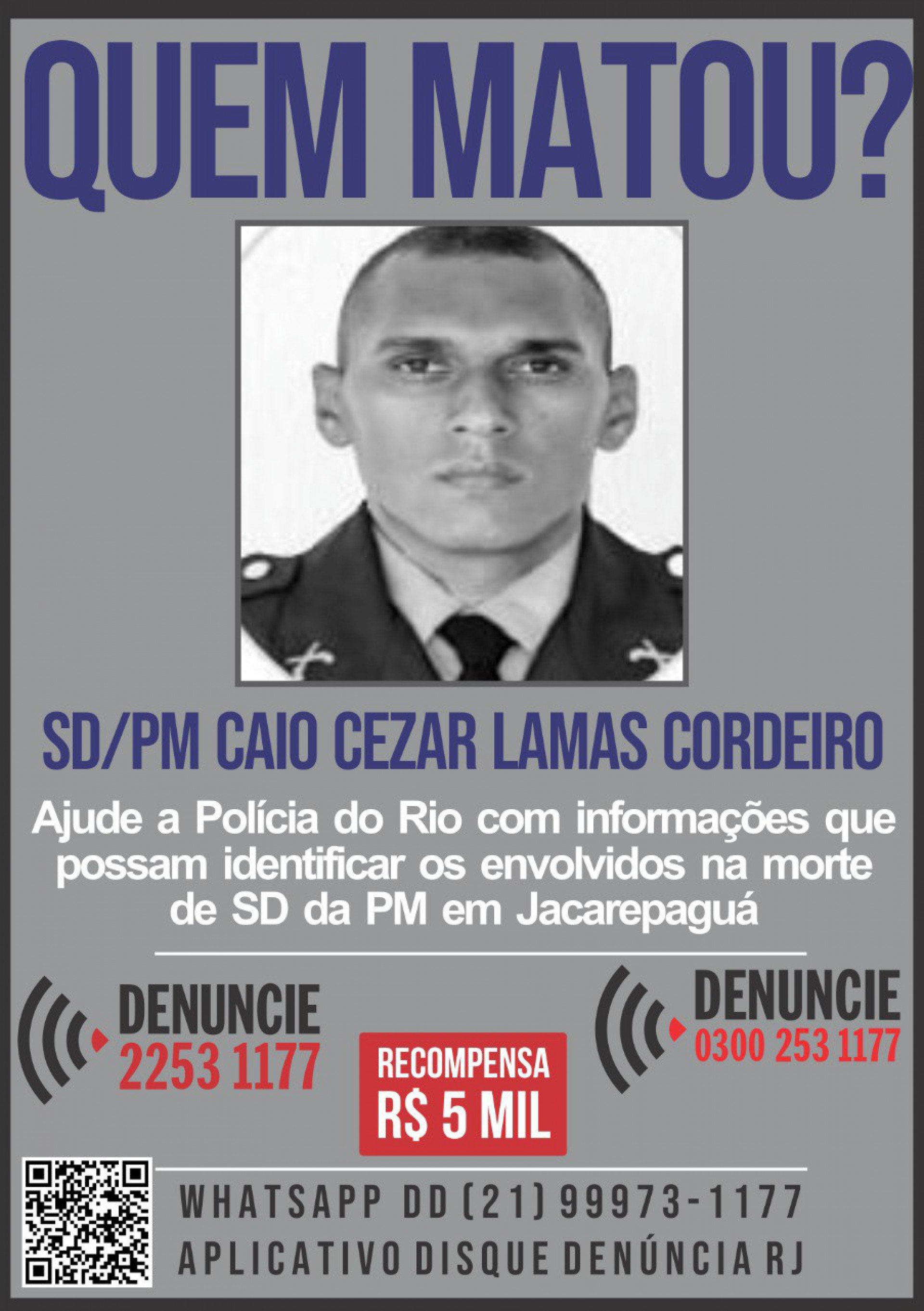 Disque Denúncia pede informações que levem aos assassinos do PM Lamas - Divulgação
