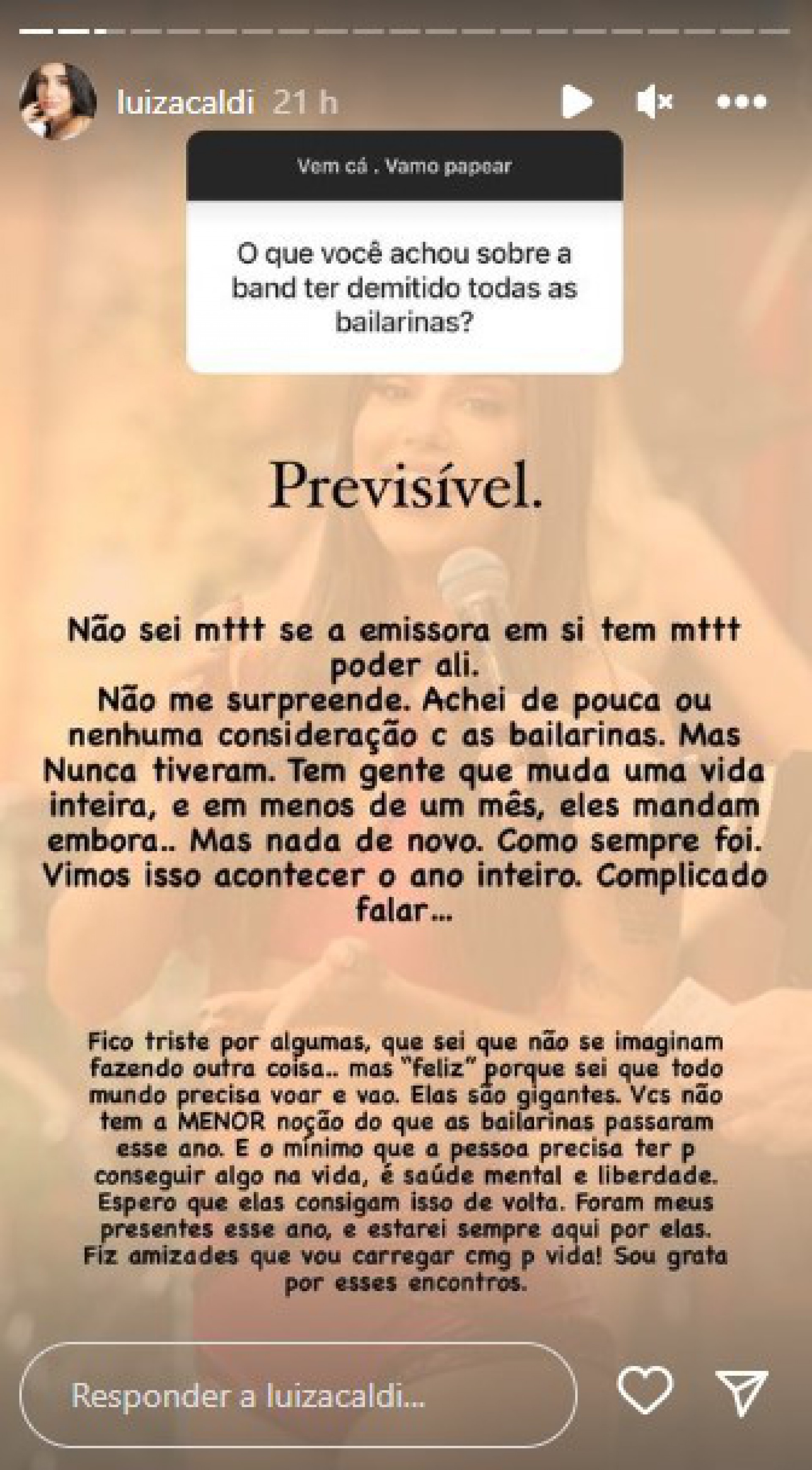 Luiza Caldi desabafa sobre tratamento da TV Band com bailarinas do Faustão - Reprodução Internet