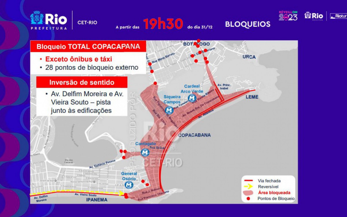Esquema de bloqueio da Prefeitura para o Réveillon em Copacabana - Reprodução