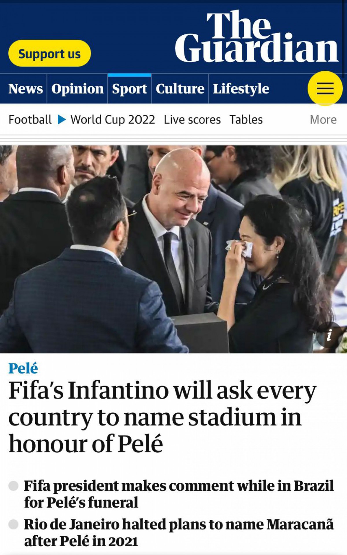 Repercuss&atilde;o do vel&oacute;rio de Pel&eacute; no jornal The Guardian, da Inglaterra - Foto: Reprodu&ccedil;&atilde;o