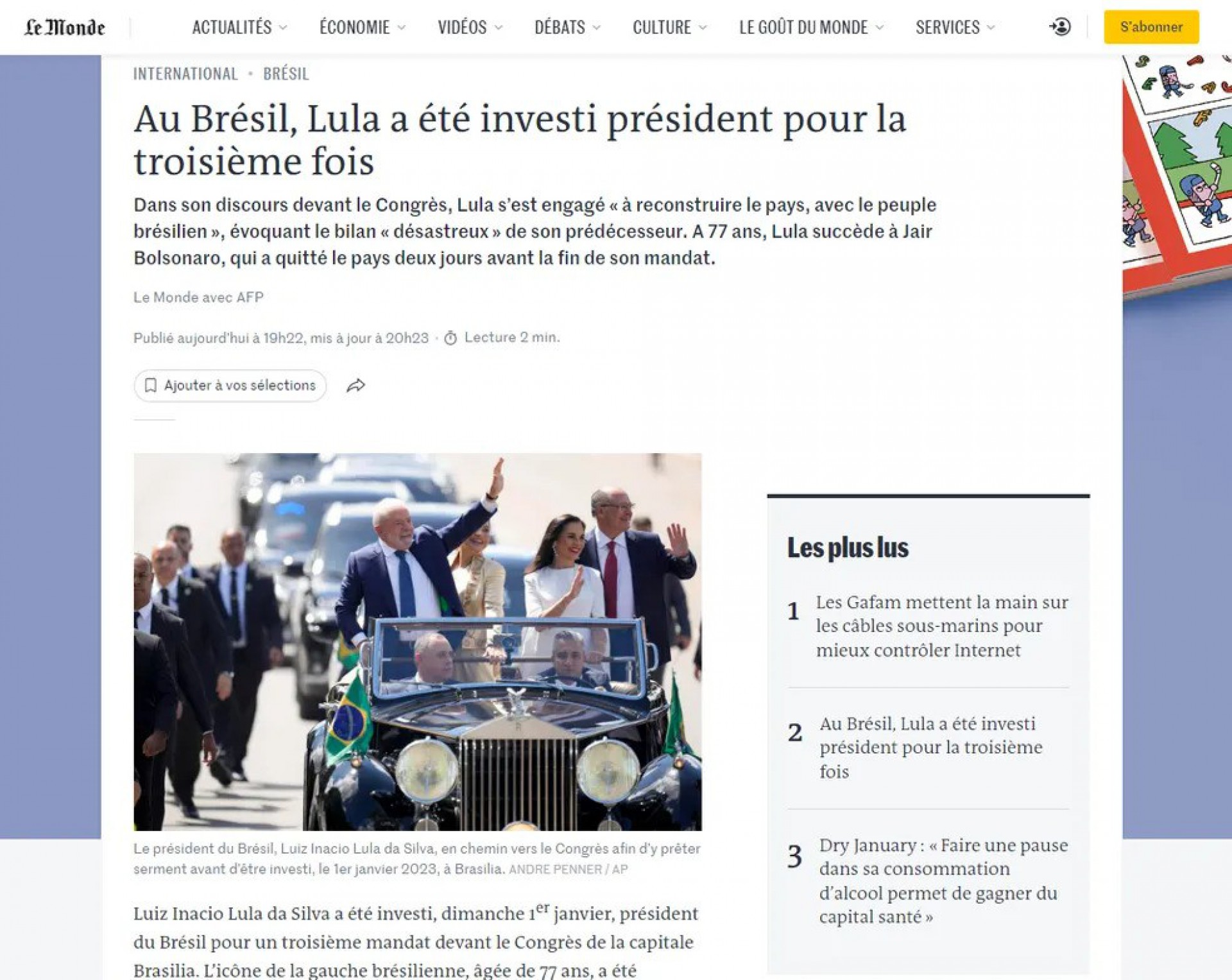 O francês 'Le Monde' destaca a posse de Lula e a ausência de Jair Bolsonaro na cerimônia - Reprodução