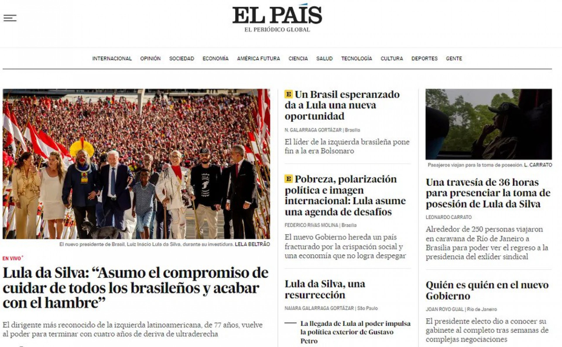 Manchete do 'El País' destaca o combate a fome como compromisso do governo Lula - Reprodução