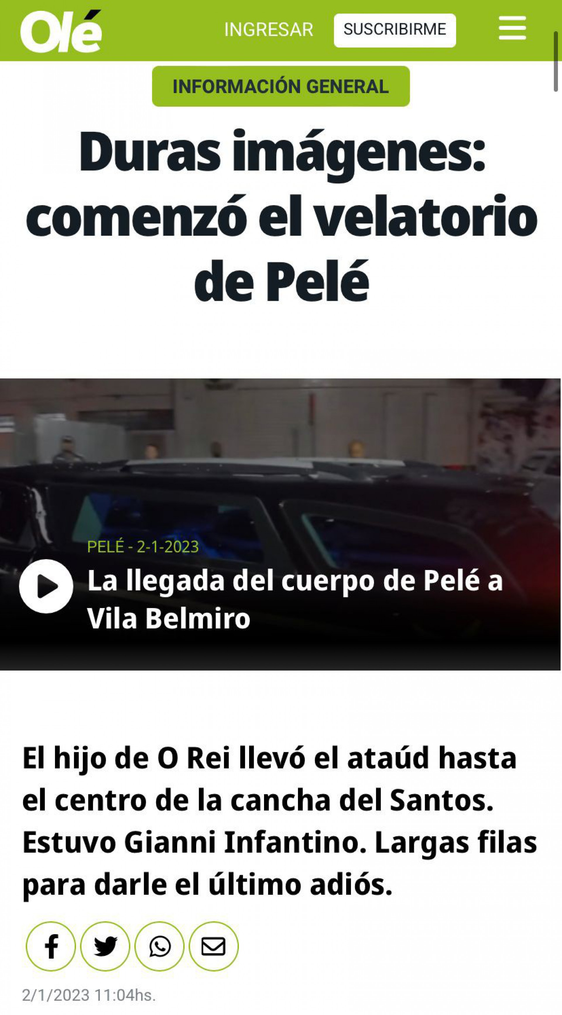 Repercussão do velório de Pelé no Diário Olé, da Argentina  - Foto: Reprodução