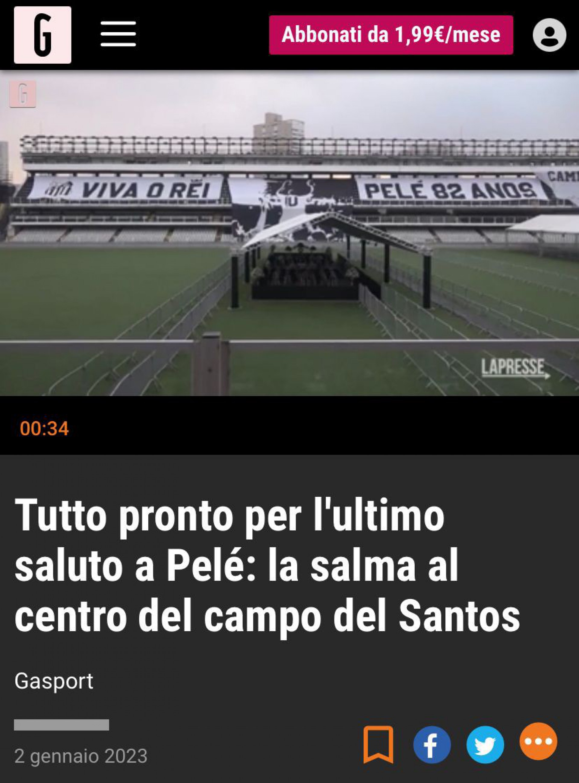 Repercuss&atilde;o do vel&oacute;rio de Pel&eacute; no jornal Gazzetta dello Sport, da It&aacute;lia - Foto: Reprodu&ccedil;&atilde;o