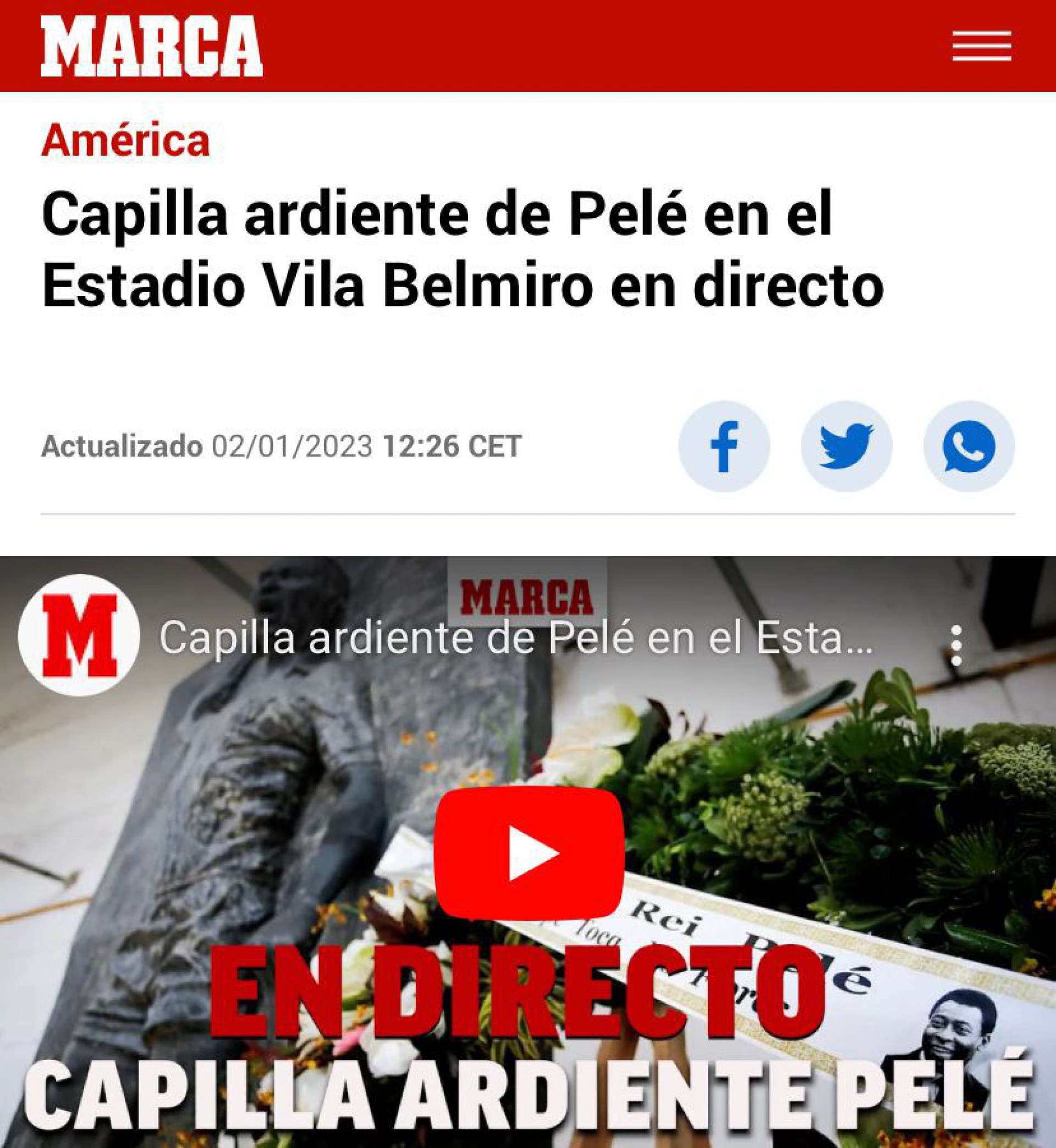 Repercuss&atilde;o do vel&oacute;rio de Pel&eacute; no jornal Marca, da Espanha - Foto: Reprodu&ccedil;&atilde;o