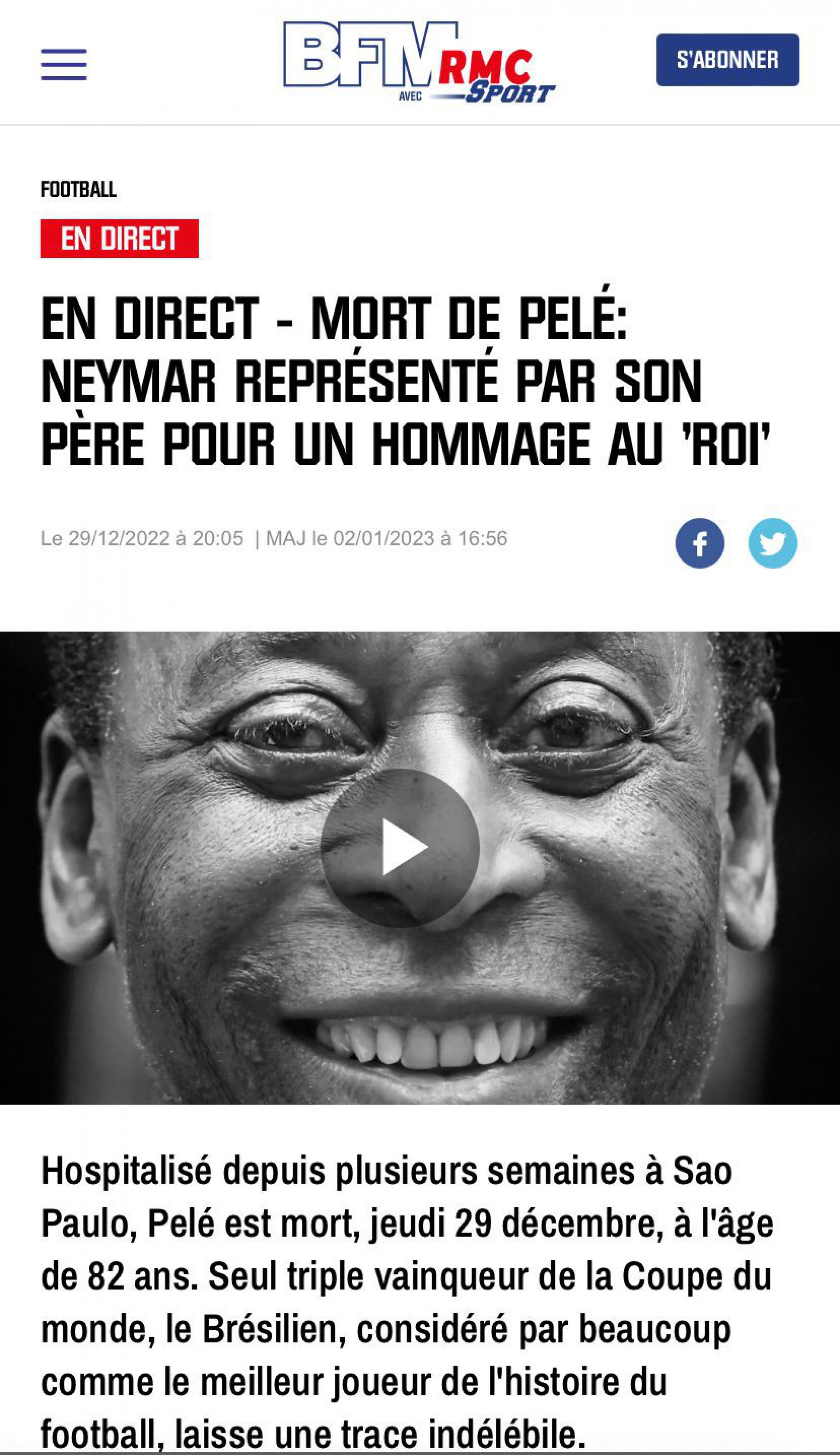 Repercuss&atilde;o do vel&oacute;rio de Pel&eacute; no jornal RMC Sport, da Fran&ccedil;a - Foto: Reprodu&ccedil;&atilde;o