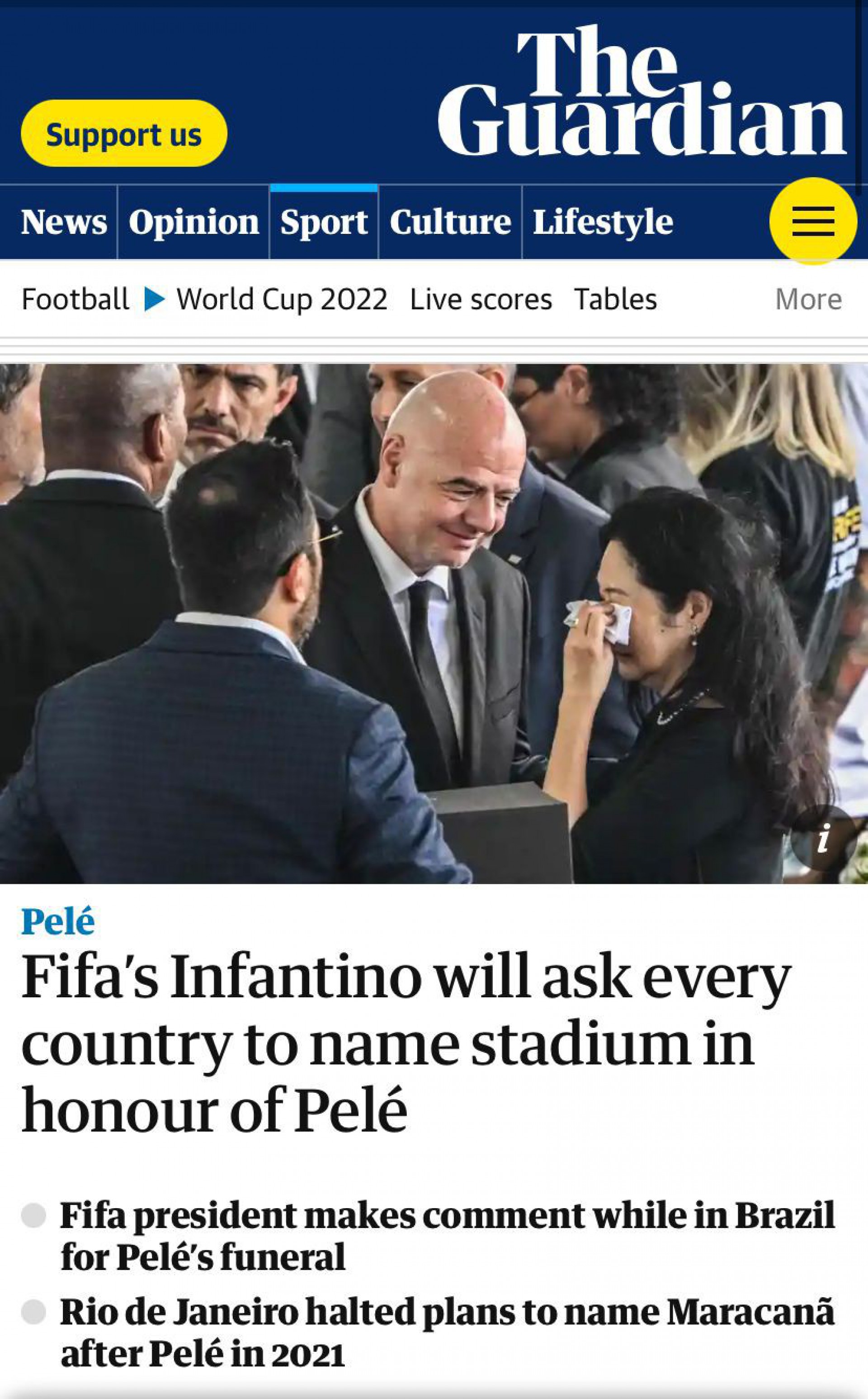 Repercuss&atilde;o do vel&oacute;rio de Pel&eacute; no jornal The Guardian, da Inglaterra