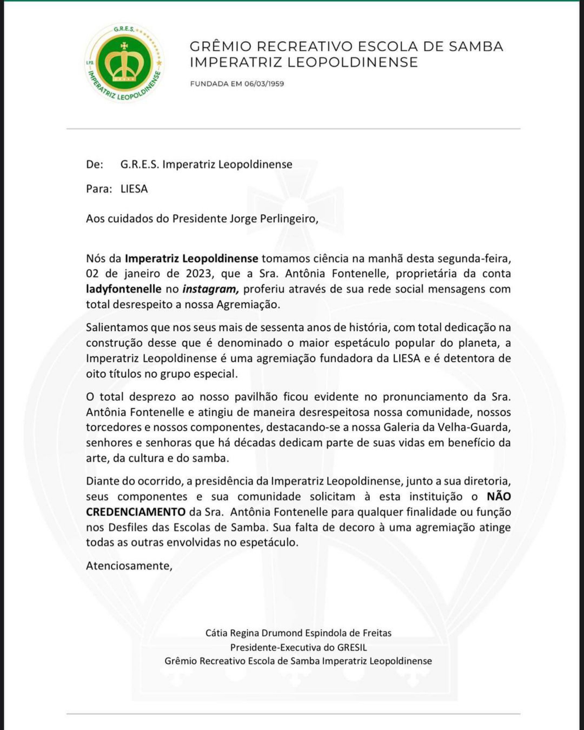 Imperatriz Leopoldinense pede o não credenciamento de Antonia Fontenelle para o Carnaval após ataque a Janja e à agremiação - Reprodução Internet