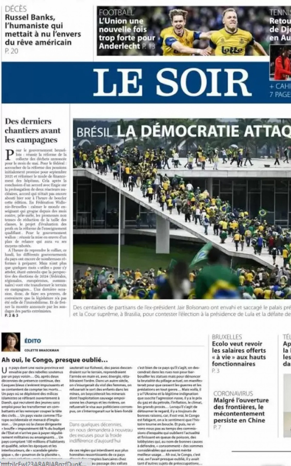Capa do jornal Le Soir