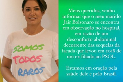 Michelle Bolsonaro fala sobre estado de saúde do ex-presidente: 'Estamos em oração'