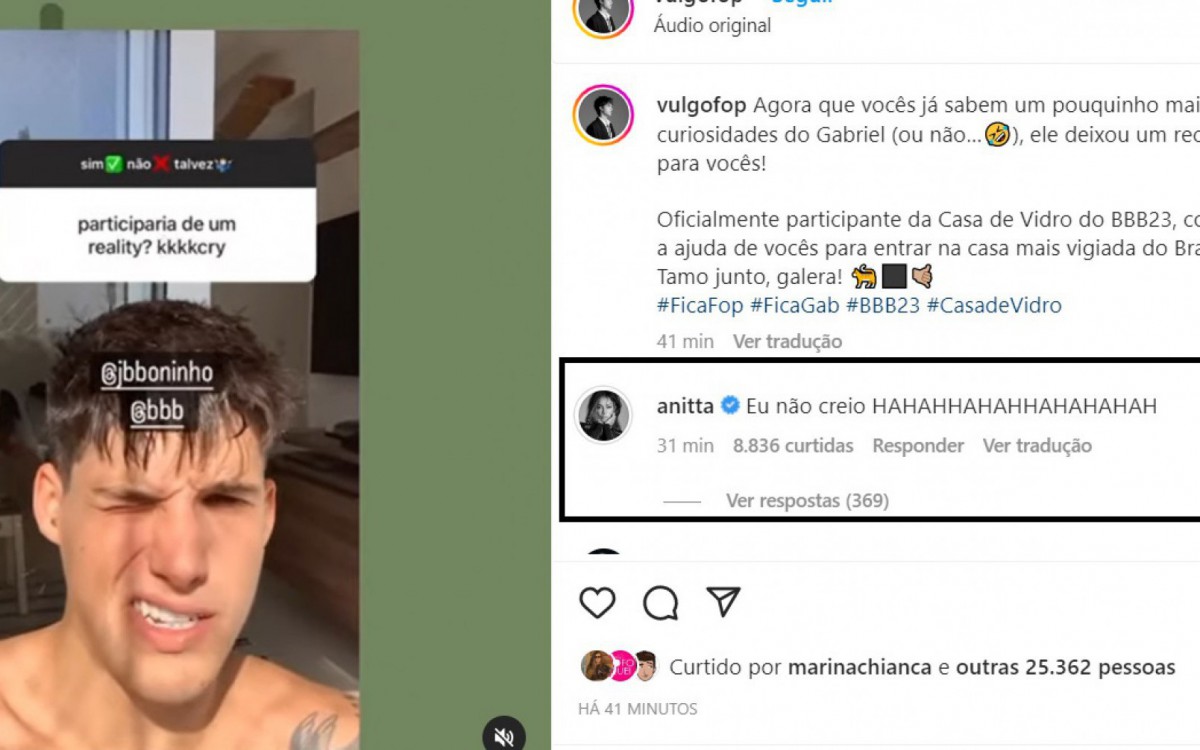 Anitta comenta participação de Gabriel na 'Casa de Vidro do BBB 23' - Reprodução do Instagram