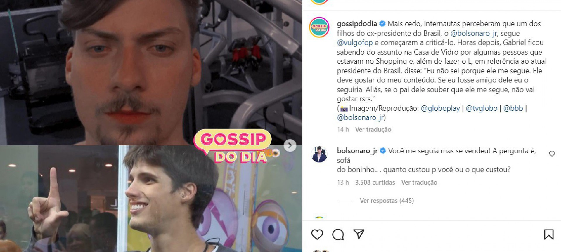 Jair Renan Bolsonaro fala sobre o participante da 'Casa de Vidro' Gabriel Tavares - Reprodução Internet