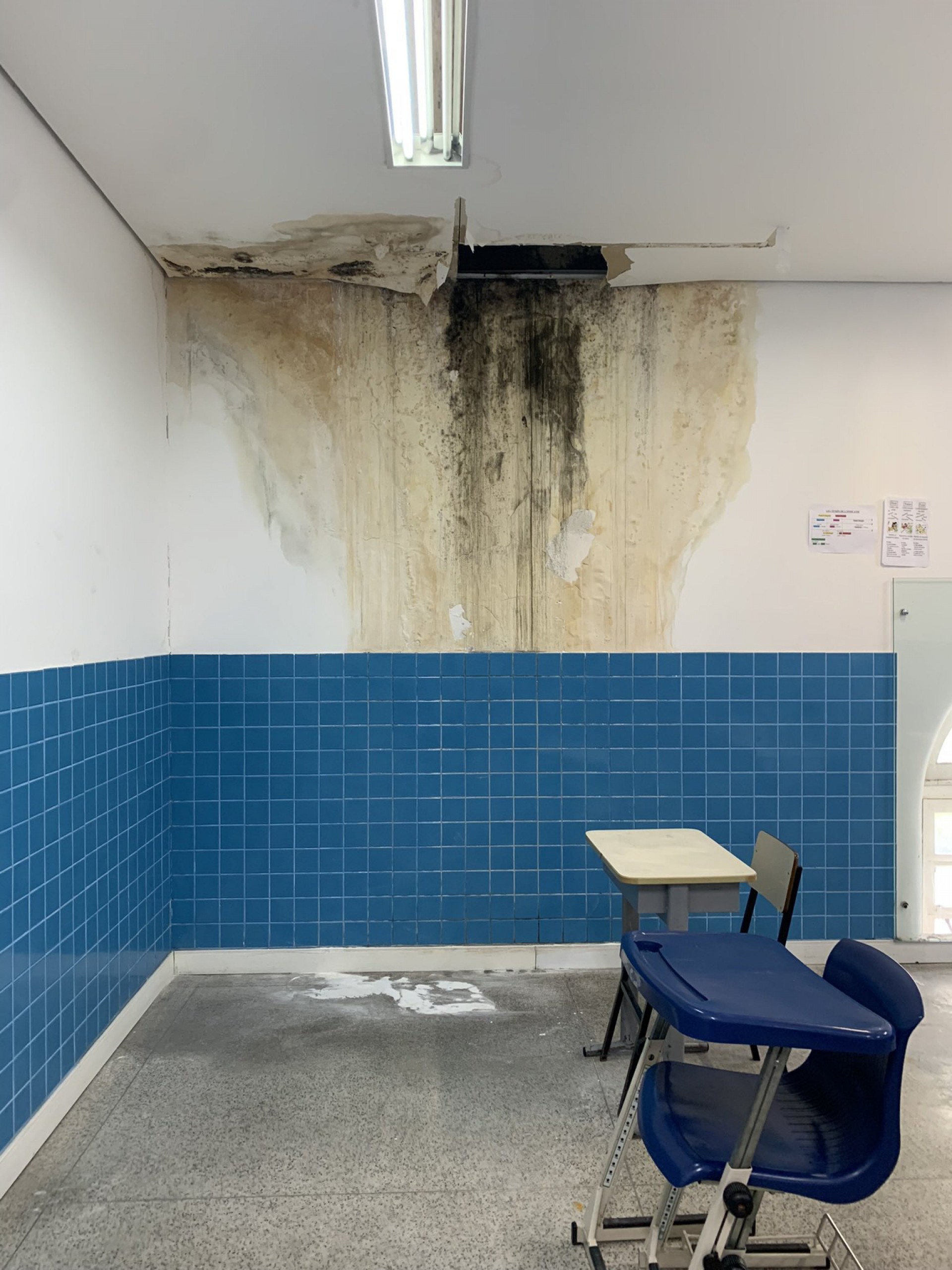 Em salas de aula do Bloco C, o mofo nas paredes é um risco para alunos e funcionários - Reprodução