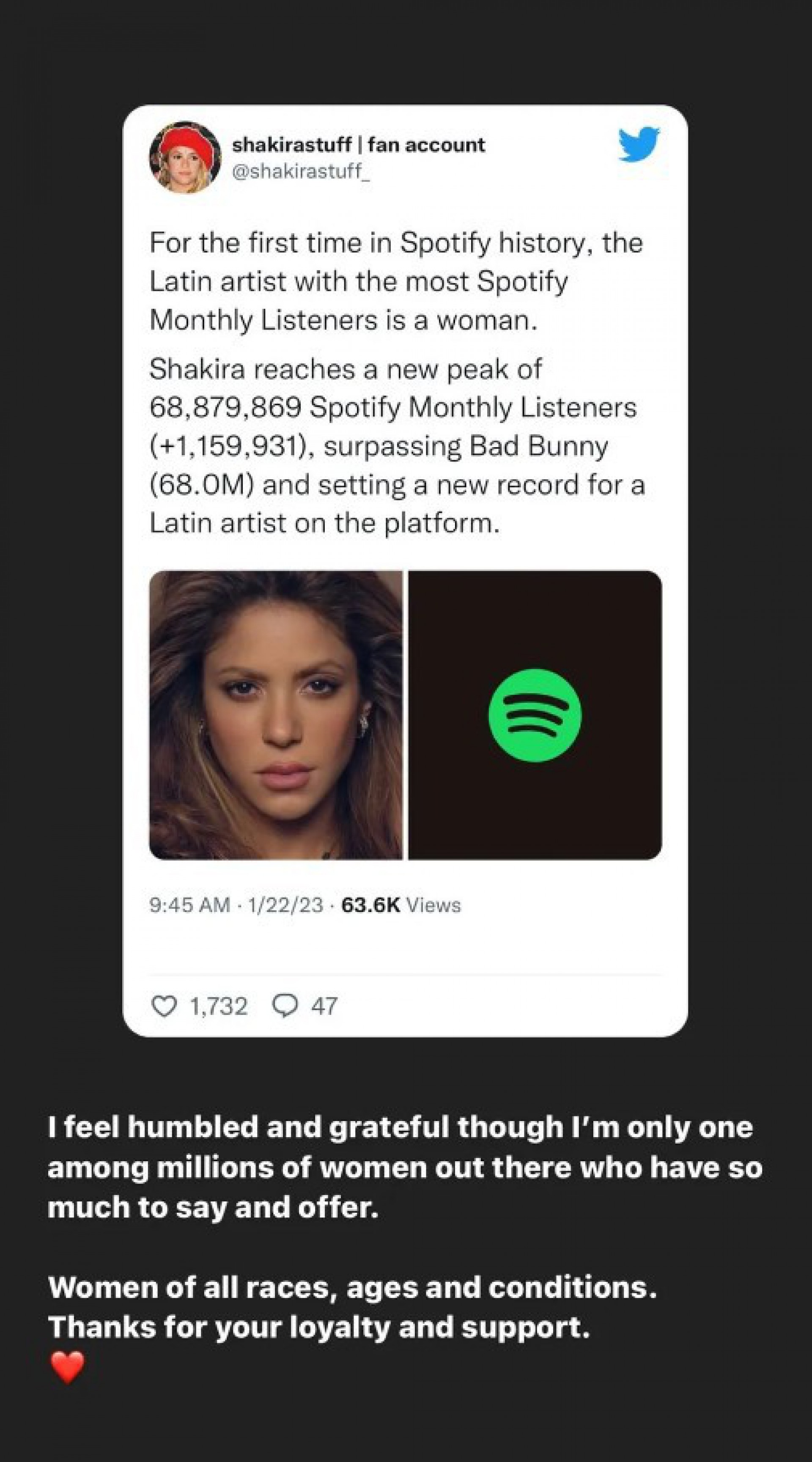 Shakira é a primeira mulher latina mais ouvida no mês no Spotify
 - Reprodução/Instagram