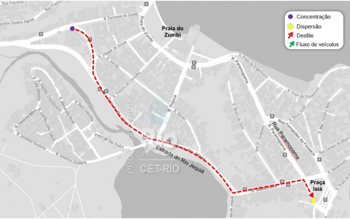 Mapa com interdições de trânsito para desfiles de blocos de rua neste sábado (28) e domingo (29) - Divulgação / CET-Rio