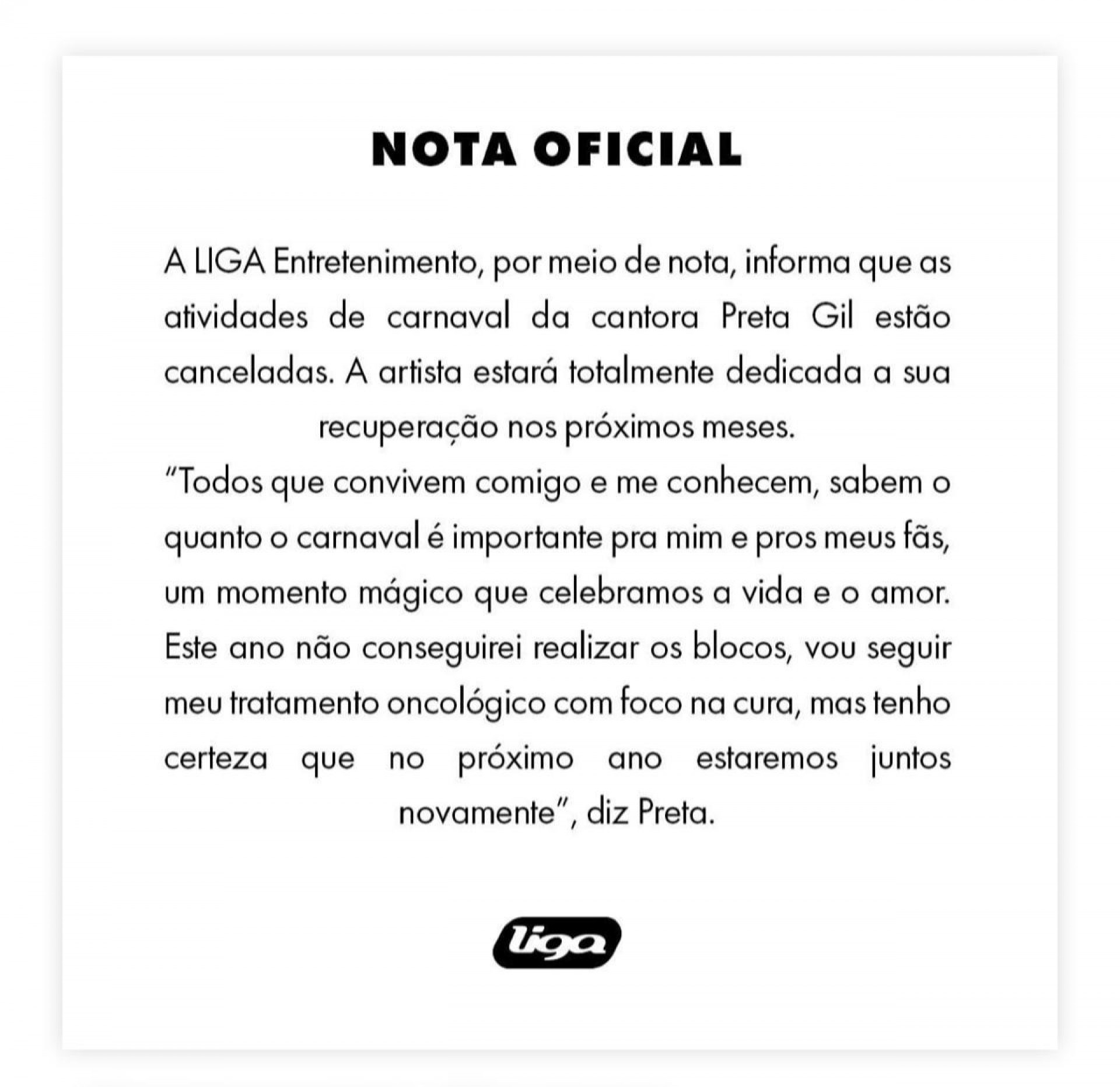 Comunicado Preta Gil - Foto divulgação