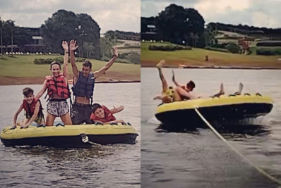 Vídeo: Gabriela Duarte leva tombo em passeio de bote com os filhos