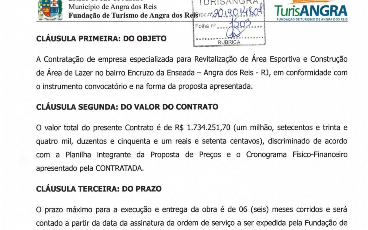Contrato para a revitaliza&ccedil;&atilde;o da &aacute;rea e constru&ccedil;&atilde;o de um gin&aacute;sio esportivo no Encruzo da Enseada.