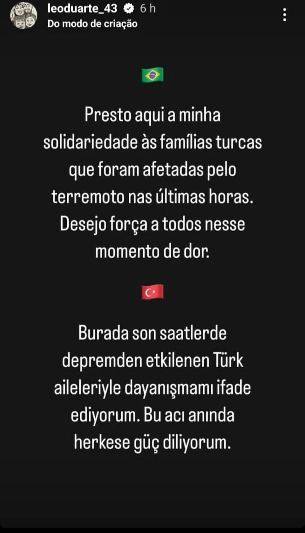 Léo Duarte posta mensagem de solidariedade às vítimas do terremoto na Turquia - Reprodução / Instagram