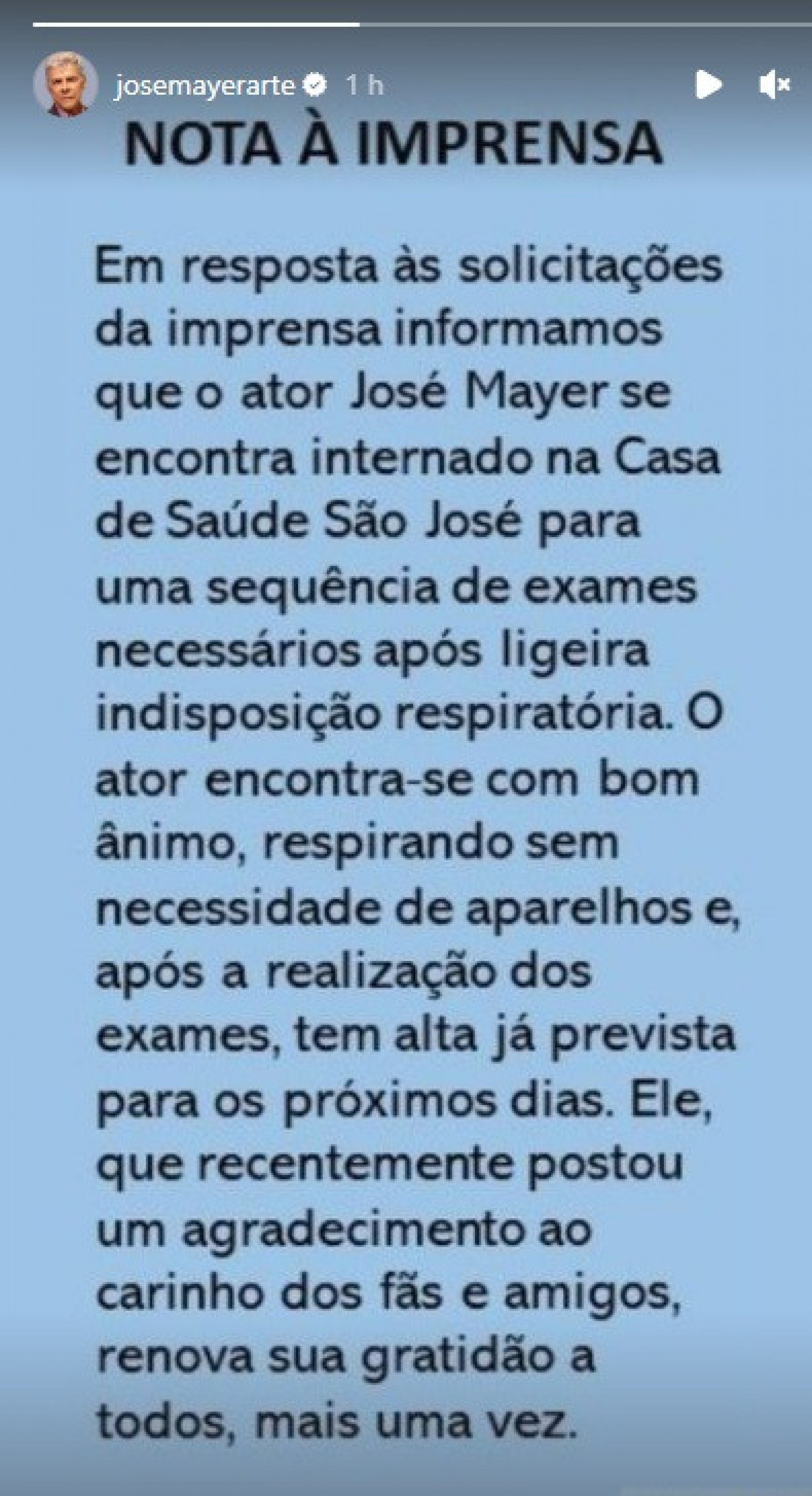José Mayer dá detalhes sobre sua internação - Reprodução do Instagram