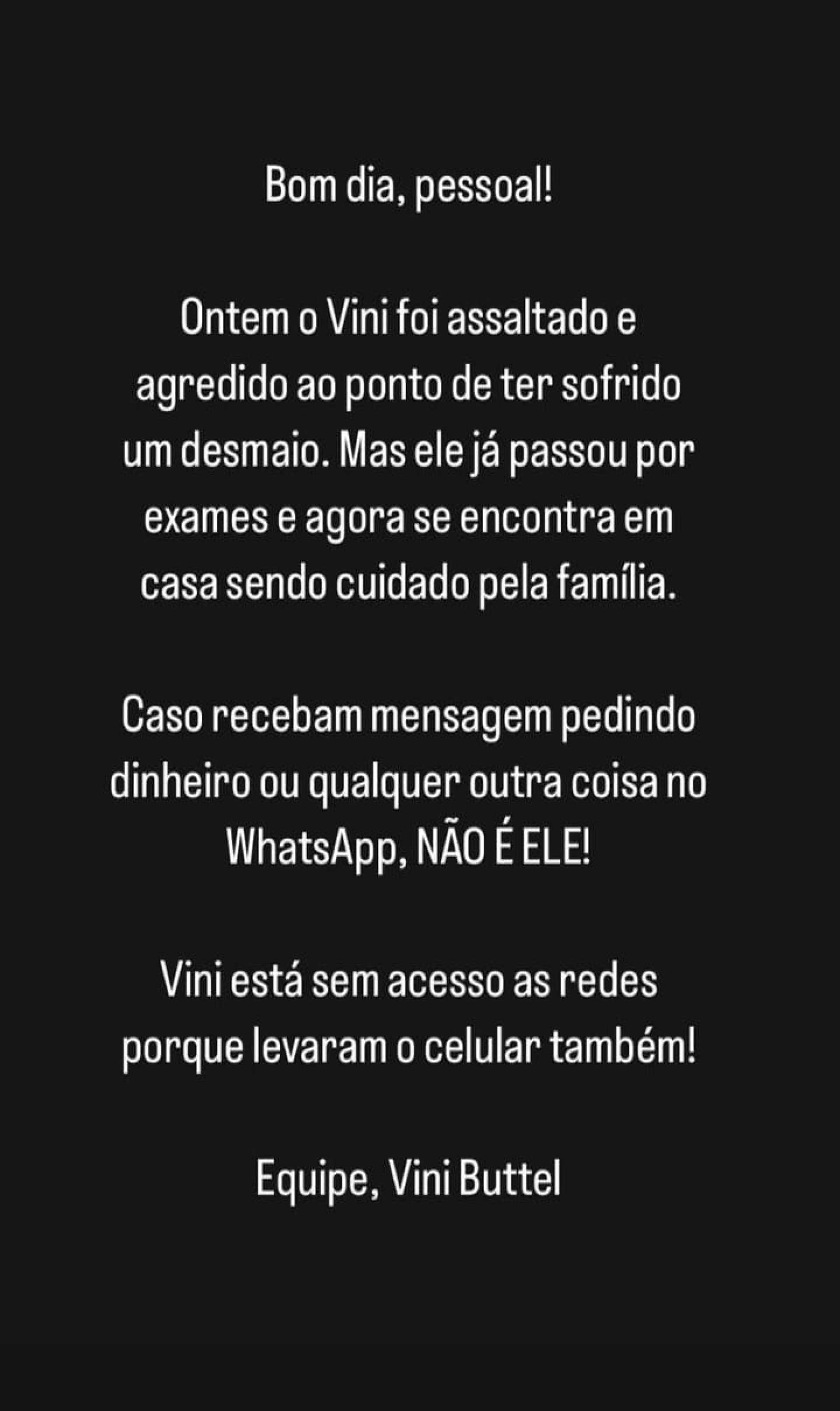 Vini Buttel foi agredido durante assalto no Carnaval  - Reprodução/Instagram 